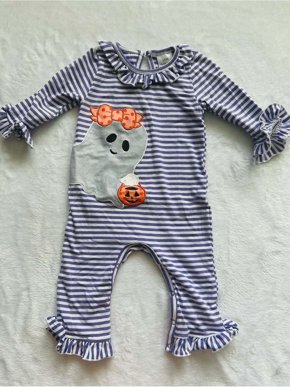 Toddler Purple Striped Ghost Applique One-Piece Romper with Ruffle Trim